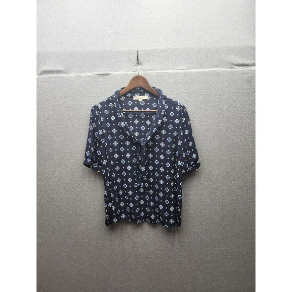 Loft Womens Navy Floral Blouse L Short Sleeve 100% Rayon - Picture 1 of 5